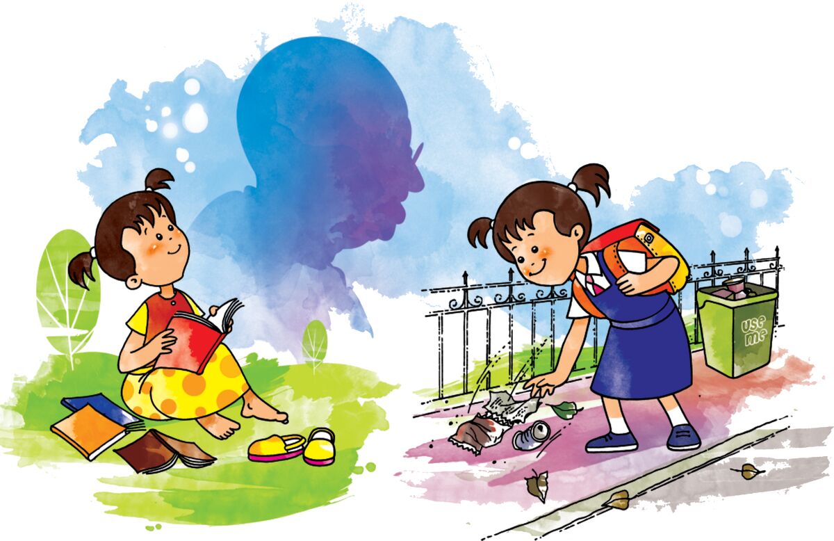 Illustration of Birla Open Minds Kankarbagh pupils reading a book and putting litter in a recycling bin